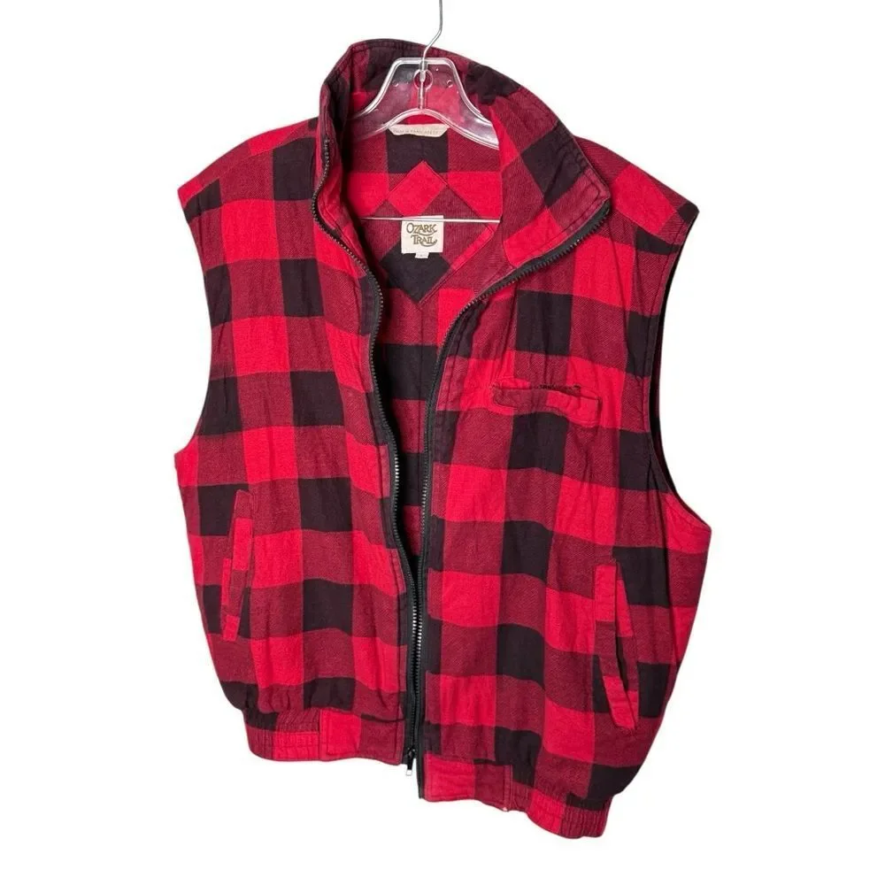 Ozark Trail Red Black Buffalo Plaid Flannel Padded Vest Size Large